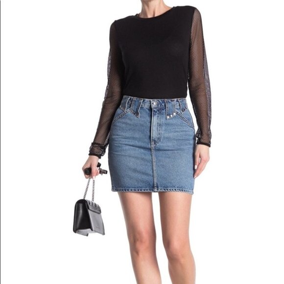 GRLFRND STUDDED DENIM HIGH WAIST MINI SKIRT NWT - Picture 3 of 9